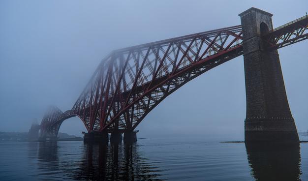 The Forth Bridge fringed by haar from the Hawes Brae, Queensferry