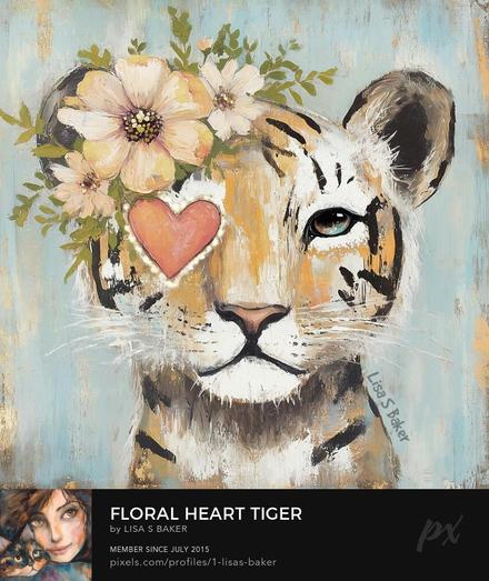 An art print of a cute tiger with flowers on its head and a heart covering one eye. Art by Lisa S Baker.