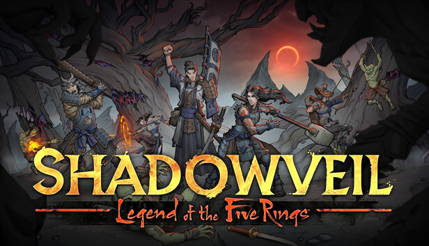 affiche du jeu Shadowveil: Legend of the Five Ring. Au dessus du titre on vois plusieurs guerriers du clan du crabe (représentés par une armure bleue). 2 d'entres eux, un homme et une femme sont devant les autres. L'hommea le poing droit levé, la femme tiens un marteau de guerre derrière elle, comme si elle se préparait à sauter. Derrière la femme on voit un archer se préparant a tirer sur un orc. a gauche de l'homme on peut voir 2 autres membres du clan du dragon. L'un tiens une arme non identifié, l'autre lance un sort.