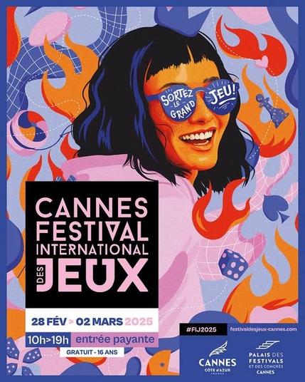 Affiche du Festival international des jeux.
Jeune femmes dessinée avec des couleurs "pops" et des lunettes avec dessus le slogan : " Sortez le grand jeu !"