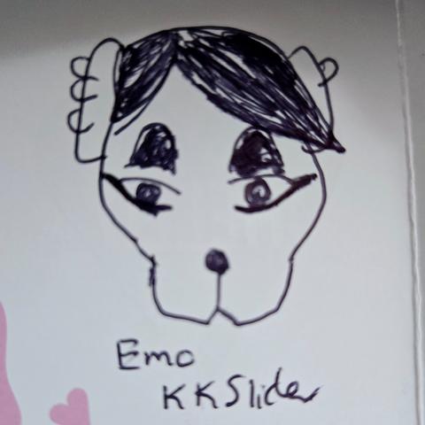A picture drawn in black pen that looks like the shape of K.K. Slider from Animal Crossing's head, however it's been modified. Beneath it it reads "Emo KK Slider." Slider has thickly drawn on eye makeup, hoop earrings on each ear, and black hair that is swooping across the right side of his face.