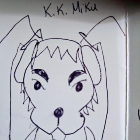 A picture drawn in black pen that looks like the shape of K.K. Slider from Animal Crossing's head, however it's been modified. Above it, it reads "K.K. Miku." Slider has some wild spiky hair coming out the back and two enormous pigtails coming out of either side of his head. It looks like Hatsune Miku and K.K. Slider poorly crossed together.