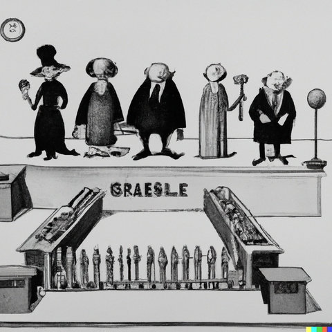 Arbitration, in the style of Edward Gorey, as imagined by DALL-E.