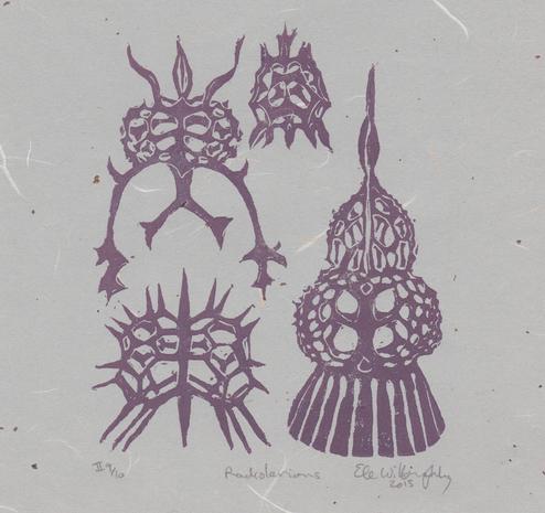As described: linocut print of four radiolarians of the of the spyroidea family on handmade Japanese celadon-grey paper, 8” x 8” (20.3 cm x 20.3 cm) printed in dark plum ink. Their mineral skeletons are various shapes and sizes include bulbous forms with many holes and spiky bits.
