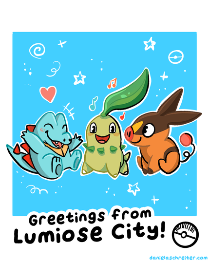 Comic Illustration: Die Pokemonstarter Karnimani, Endivie und Floink stehen zusammen. Karnimani sitzt ganz links und lacht, in der Mitte steht Endivie und singt ein Lied, ganz rechts sitzt Floink und schaut den beiden zu. Der Hintergrund ist blau mit weißen Deko-Objekten, die überall verteilt sind. Darunter steht auf Englisch: Greetings from Lumiose City!