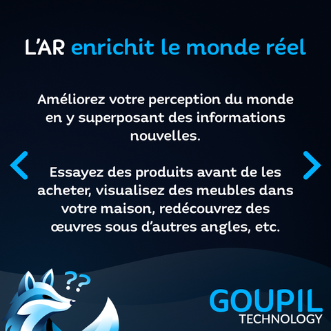 Slide textuelle : L’AR enrichit le monde réel : Améliorez votre perception du monde en y superposant des informations nouvelles. Essayez des produits avant de les acheter, visualisez des meubles dans votre maison, redécouvrez des œuvres sous d’autres angles, etc.