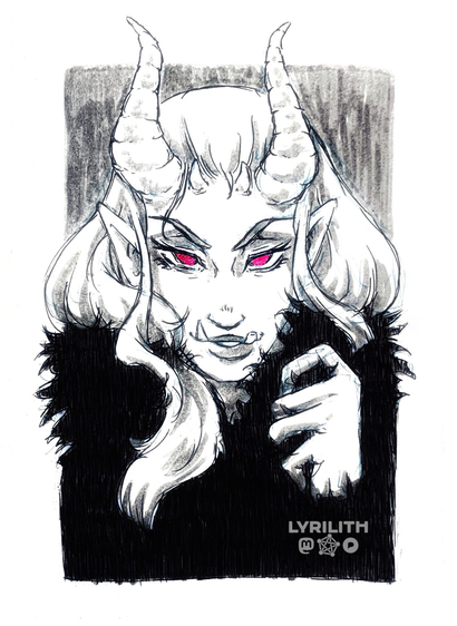 Frontal black and white portrait drawing of a female orc-metahuman from the Shadowrun universe. She is wearing a fluffy black coat, pulling the collar closer to her face with her left hand. She is looking seductively at the viewer, her magenta eyes glowing, tusks peeking out of the corners of her mouth while she grins. Her long horns twist back over her head while her long hair flows over the coat.