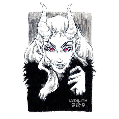 Frontal black and white portrait drawing of a female orc-metahuman from the Shadowrun universe. She is wearing a fluffy black coat, pulling the collar closer to her face with her left hand. She is looking seductively at the viewer, her magenta eyes glowing, tusks peeking out of the corners of her mouth while she grins. Her long horns twist back over her head while her long hair flows over the coat.