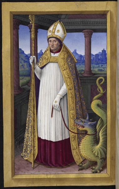 Saint Lifard with a dragon in the Grandes Heures of Anne of Brittany by Jean Bourdichon (XVI century).
The art show the character of Saint Lifard with a leash in one of his hand, the other end of the leash have a small dragon attached to it. Lifard face is like: 🙄