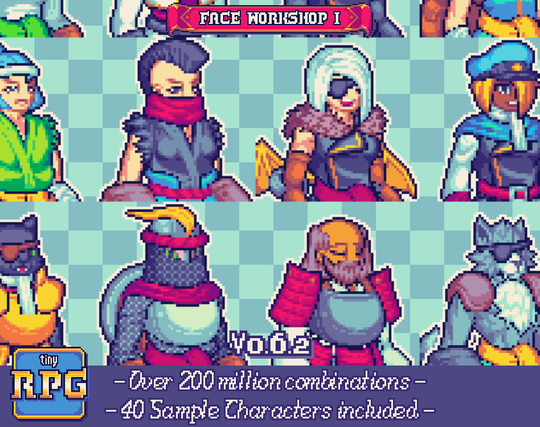Sample image displaying a plethora of colourful character portraits. Humans, catfolk and werewolves can be seen on the sample. The text says that over 200 millions of combinations are possibile, with 40 characters ready to go.