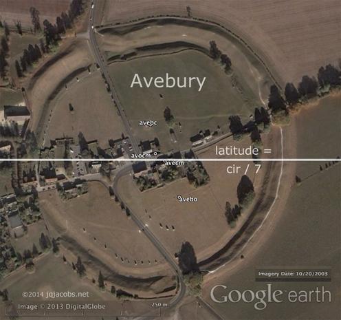Avebury aerial image depicting the one-seventh of circumference latitude baseline, jqjacobs.net image.