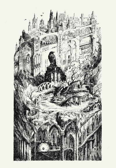 Eine sehr detaillierte Illustration als Tattooentwurf, nach Motiven aus dem Darksouls Fandom. Wir sehen zentral einen riesigen Raben auf einer Ruine thronen, dahinter eine gewaltige Stadt, deren Mauer sich nach oben windet, vor dem Raben ein Feuerplatz mit einem Schwert und einem toten Baum, umgeben von weiteren Ruinen, und im unteren Drittel eine gewaltige Unterwelt aus Säulen und Treppen mit einem großen Zahnrad und einem leuchtenden Ring. 
Ein Auftragswerk ausgeführt als Feder und Tusche-Zeichnung, von Bastian Kalkbrenner.