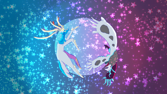 A digital drawing of two Pokémon, Xerneas and Yveltal, both in their Shiny forms. They circle around the center of the image, reaching out toward each other. They are set against a starry red and pink gradient.