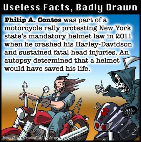 Philip A. Contos was part of a motorcycle rally protesting New York state's mandatory helmet law in 2011 when he crashed his Harley-Davidson and sustained fatal head injuries. An autopsy determined that a helmet would have saved his life.