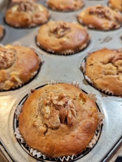 POV: A muffin sheet. The moulds are still filles with gold brown baked muffins, which are topped with a browned halfed walnut.