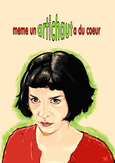 digital pencil & ink illustration of french actor, audrey tautou, as the titular character of the 2001 film, 'le fabuleux destin d'amelie poulin'. 
the reference is a scene in which amelie pops by collignon's greengrocer for her daily figs & is not pleased by his treatment of lucien. she's giving him the evils. 
above her is part of a phrase she imagines she'd say to collignon. it reads, 'meme un artichaut a du coeur'.