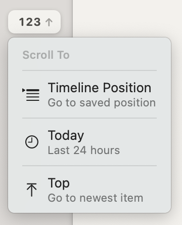 Reeder’s new timeline controls integrated in the feed list. A count of newer items is visible at the top right, and tapping it reveals scroll options such as ‘Timeline Position’, ‘Today’, and ‘Top’