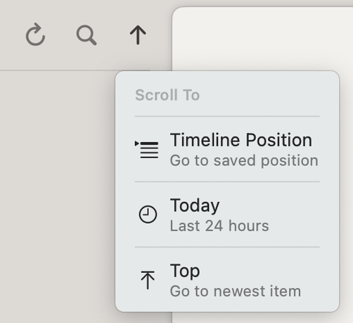 Reeder’s timeline controls as a toolbar button without a count, offering the same scroll options for navigating the feed.