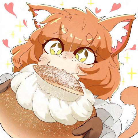 Cat character enjoys a Semla (Swedish fat Tuesday pastry)