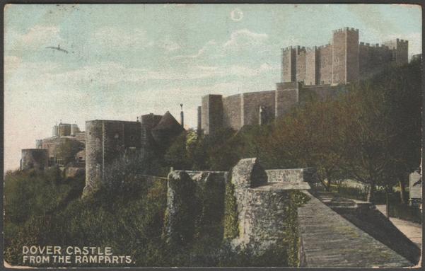 Printed colour postcard showing a view of Dover Castle in Kent.
Publisher not stated, not numbered.
Postally used on 1 October 1908 with double circle Dover cancellation on green halfpenny stamp and sent to Miss E.M. Lock, Fern Bank, 83 Bromar Road, Denmark Park, London SE.
Fairly good condition, with some corner wear.