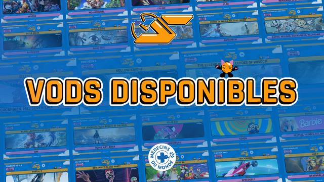 Une mosaique des artworks de différents jeux runnés lors de l'édition 2025 de SpeeDons.
Au premier plan on peut lire VODs Disponibles, accompagné d'une mascotte de SpeeDons avec des oreilles de chat.
Miaou.