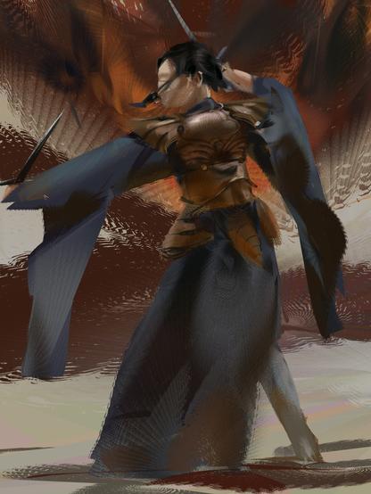 A painting of a dagger fighter in an orange copper armor.