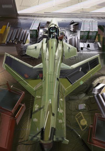 A painting of a green fither yet in a hangar.