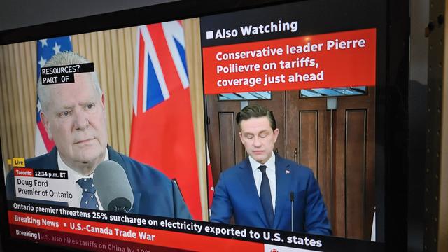 Screenshot of CBC coverage of Doug Ford's tariff response, while Pierre Poilievre is muted to the side