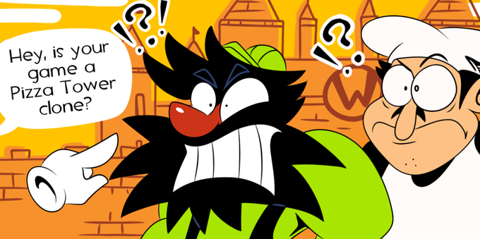 Anton and Peppino standing confused as a disembodied points and asks Anton "Hey, is your game a Pizza Tower clone?"

Check out the full image in the link