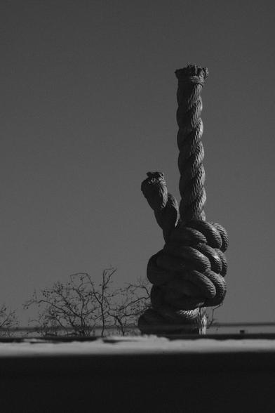 This black-and-white photo shows a zoomed view of a thick rope tied in a detailed knot. The background is a plain cloud free sky with faint tree branches visible in the distance. The image highlights the texture and intricacy of the rope's knot. The overall mood of the image is stark and focused.