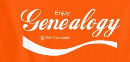 This image is a close-up, centered shot of a bright orange background.

In the center of the image, the word "Genealogy" is written in a cursive font that looks elegant and slightly swirly. The word is white, creating a strong contrast against the orange background.

Directly above the word "Genealogy", in smaller, simpler lettering, is the word "Enjoy".

Below the word "Genealogy", also in smaller lettering, is "@WikiTree.com".

A white, stylized swoosh or wave shape runs horizontally beneath the "@WikiTree.com" and the "Genealogy" text, adding a bit of a decorative flourish.
