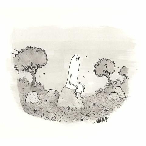 A cartoon illustration of a ghost sitting on a rock in a breezy field.