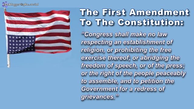 Meme: Blue background , upside-down American flag in upper left corner. Text in white on the right side reads, “THE FIRST AMENDMENT TO THE CONSTITUTION: Congress shall make no law respecting an establishment of religion, or prohibiting the free exercise thereof; or abridging the freedom of speech, or of the press; or the right of the people peaceably to assemble, and to petition the Government for a redress of grievances.”