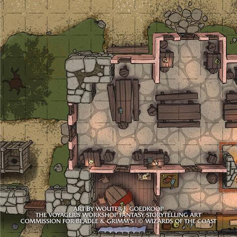 An expansive battle map of a roadside inn & tavern.