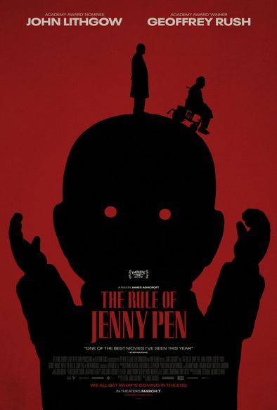 Film poster for The Rule of Jenny Pen, a dark red background with the silhoutte of a child's old fashioned baby doll, with glowing eyes, with the figures of two men, one in a wheelchair, atop it.