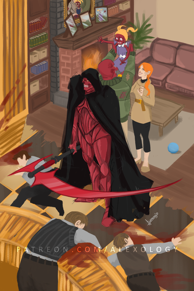 Fan art of the character of Red Death and his family from Venture Bros. He is looking at the bodies of people he just killed while his counterpart is giving him the back while having a tender moment with his family.