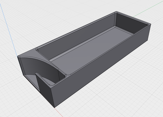 a 3D rendering of the drawer that will go in the hole. 

there's a funky shape on the "left" where you slide your finger in and pull. I decided to leave the top open because it made printing easier and it was a cool aesthetic.
