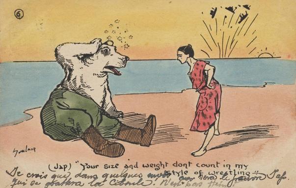 Man in a red Japanese outfit talking to the Russian Bear in green army trousers and brown army boots as he sits on the ground and holds his head. Stars over his head indicate the hits he took. There is ocean behind them and then the sun, indicating the far east. On the horizon, four warships have been blown into the sky.
