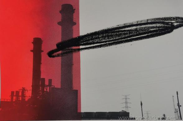 The image is divided vertically into a red and a white segment. On the left side, which is red, there is the silhouette of a factory with two smokestacks. One is taller than the other. On the right side, which is white, there is a lower factory silhouette and a couple of power lines and towers. Above the factory, there is a black brush stroke in the shape of an oval.Provided by @altbot, generated using Gemini