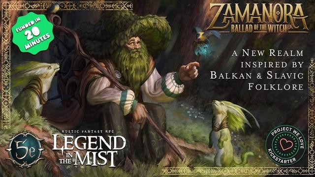 A green bearded man sitting in the woods with a had and staff surrounded by small, mystical creatures