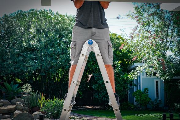 Image of a man standing on a ladder. Behind him is a backyard with trees.  You only see him from chest down. From chest up, he is above the roof and out of the view.