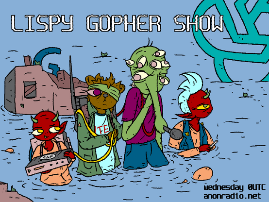 LISPY GOPHER SHOW

The gopher and lisp alien, microphone in nose-hand wade through flooded wreckage flanked by two demons carrying radio equipment.