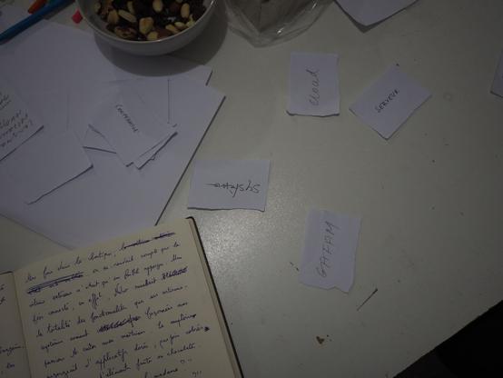 Vue d'une table sur laquelle sont posés des petites papiers avec des mots écrits dessus et un bout de carnet dans lequel on peut apercevoir l'extrait d'un texte qui imagine et décrit Nubo comme si la coopérative était une boulangerie. On y lit "Une fois entré dans la boutique, on se rendait compte que la vitrine extérieure n'était qu'un aperçu. Une fois connecté, en effet, Nubo révélait la totalité des fonctionnalités que ses artisans-systèmes avaient façonnés avec passion et cuites avec maîtrise. Le comptoir regorgeait d'applicatifs dorés, parfois colorés, et agrémentés d'éléments fruités et chocolatés."