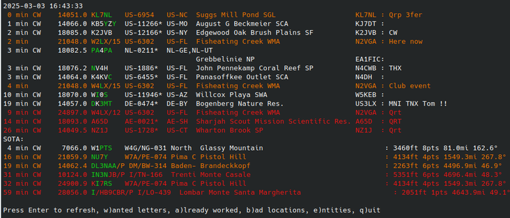 Output of a command-line script that shows POTA and SOTA CW spots in an age-ordered list with various color coding.
