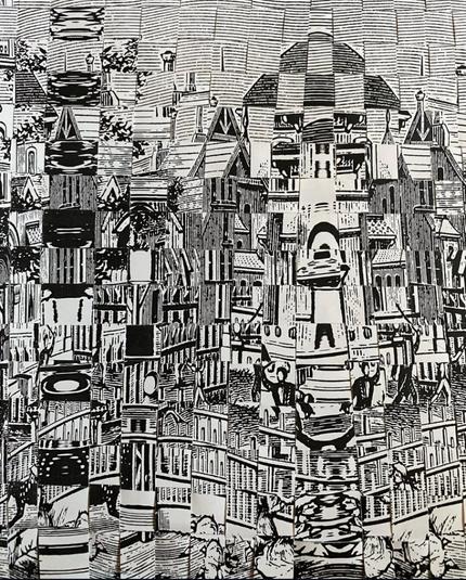 Photocopied images stretched and woven together to form an abstract urban landscape