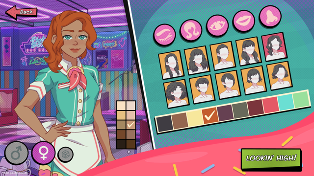 A screenshot of the High Times alpha-demo's character creation screen.

My character in particular ended up being a woman with light brown skin, shoulder-length orange hair, and green eyes.

There's binary gender selection, 10 hairstyles per gender, and a handful of eye, eyebrow, mouth and nose options, as well as different colors for most of those and your skin.

This being an early demo released to accompany the Kickstarter campaign, more character creation options are promised for the full release.