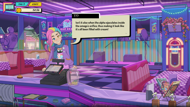 A screenshot of the High Times demo.

Pictured, inside the very purple donut shop, is the main character's childhood friend, Lucy Dee (voiced by LilyPichu). She has roughly shoulder-length rainbow-colored hair with an undercut on the left side, is probably of east Asian descent, dresses largely in cutesy pinks and purples, has heterochromia with her left eye being yellow and her right being blue (and both having star-shaped pupils, unless those are contact lenses).

Lucy seems like she might have been the main character's first girlfriend, as it seems they might have been together when they were pre- or early teens.

As a grown adult, she's apparently really into furry porn, commenting on the donut called "Cream Pie" with:

"Isn't it also when the alpha ejaculates inside the omega's orifice, thus making it look like it's all been filled with cream!"