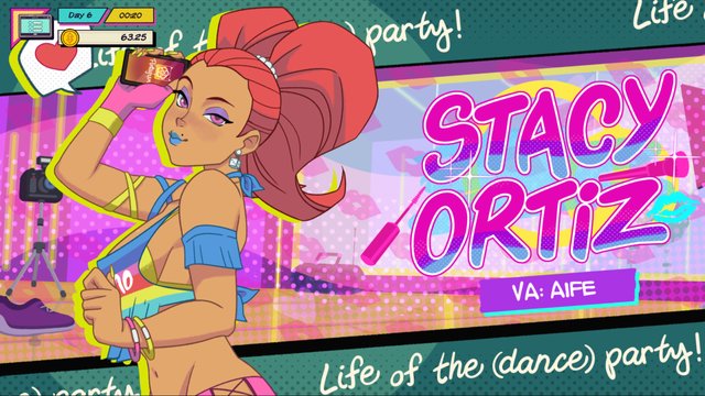 A screenshot of the High Times demo.

This is the splash screen introducing the player to Stacy Ortiz; scantily clad party girl and "pentagram" influencer. She has light-brown (maybe tanned) skin, magenta eyes, red hair tied neatly into enormous pigtails(?) on the back of her head, and blue lipstick. Voice acting credit goes to Aife.

Her outfit is kind of a complicated bikini in blue, yellow and pink, with an additional, rainbow-colored top over her yellow bikini top.

She seems to be the main character's most recent "ex", who was actually just a one-night stand during a party where "you" did catering.