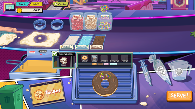A screenshot of the High Times demo.

This is the donut-making screen, where the player accumulates different donut shapes, fillings, toppings, etc., and assembles the donuts to the customer's specifications.

In this case, I had made a regular, ring-shaped donut with chocolate glaze and started putting rainbow sprinkles on it.

Visible in the background is also vanilla and blueberry glaze/filling, as well as nuts and strawberries as toppings.