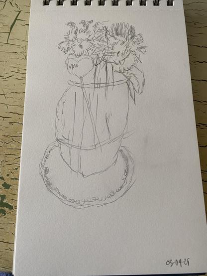 Pencil drawing of flowers in vase on plate